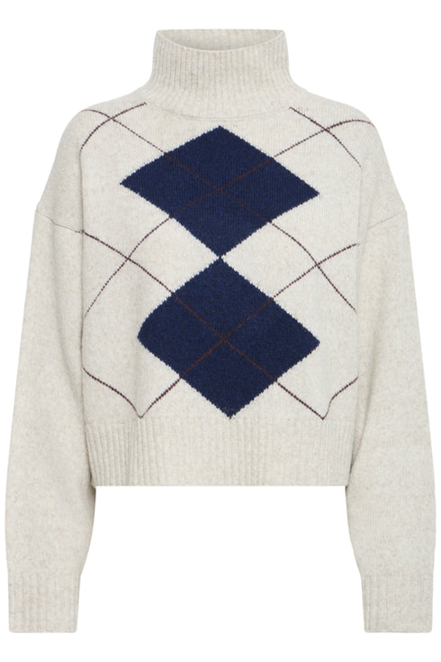 Fransa Gigi Argyle Pattern Polo Neck Jumper 20618488 OAT - Oatmeal Melange Beige