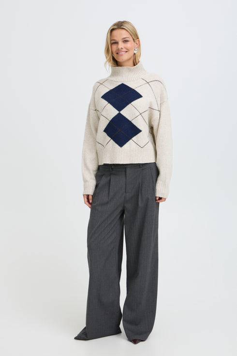 Fransa Gigi Argyle Pattern Polo Neck Jumper 20618488 OAT - Oatmeal Melange Beige