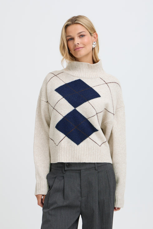 Fransa Gigi Argyle Pattern Polo Neck Jumper 20618488 OAT - Oatmeal Melange Beige