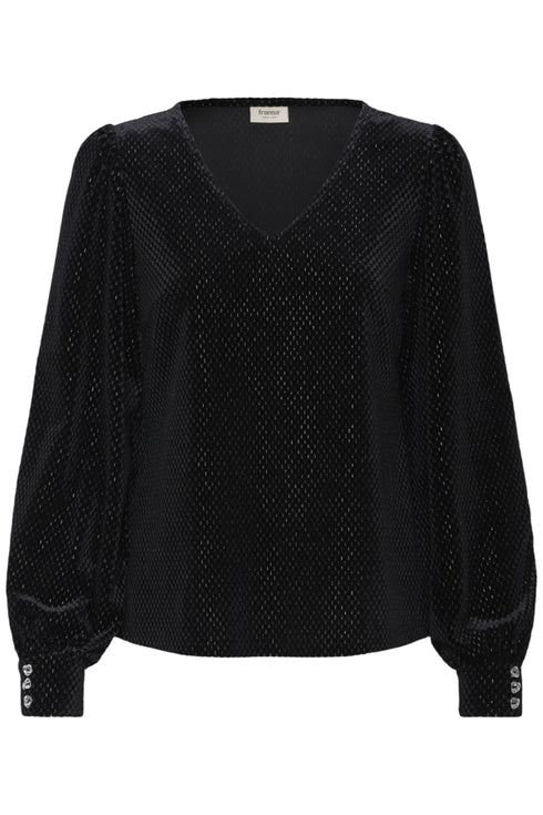 Fransa Koa Textured Velvet Long Sleeve V-Neck Blouse 20618543 MET - Meteorite Black