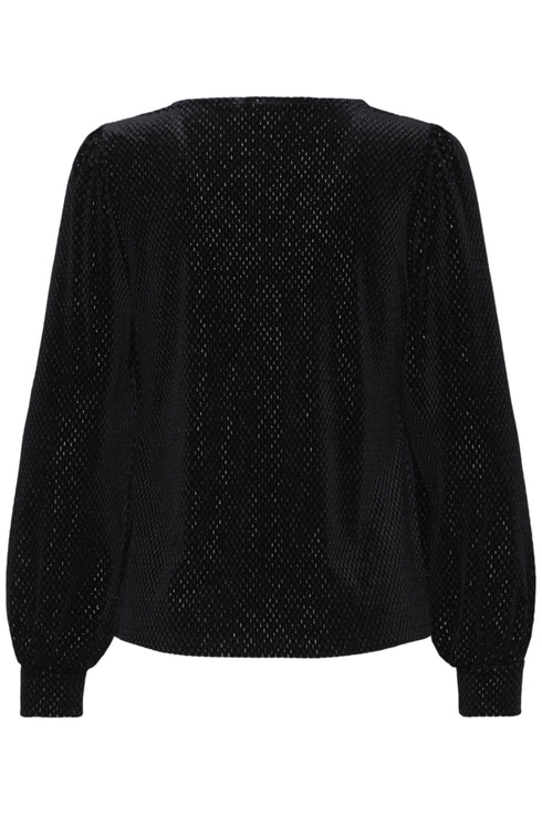 Fransa Koa Textured Velvet Long Sleeve V-Neck Blouse 20618543 MET - Meteorite Black