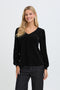 Fransa Koa Textured Velvet Long Sleeve V-Neck Blouse 20618543 MET - Meteorite Black