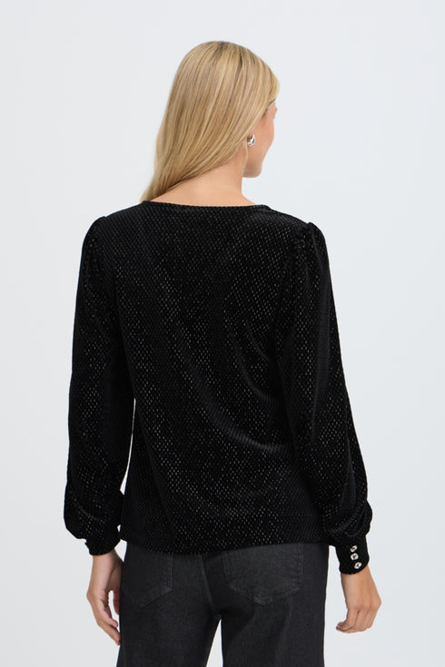 Fransa Koa Textured Velvet Long Sleeve V-Neck Blouse 20618543 MET - Meteorite Black