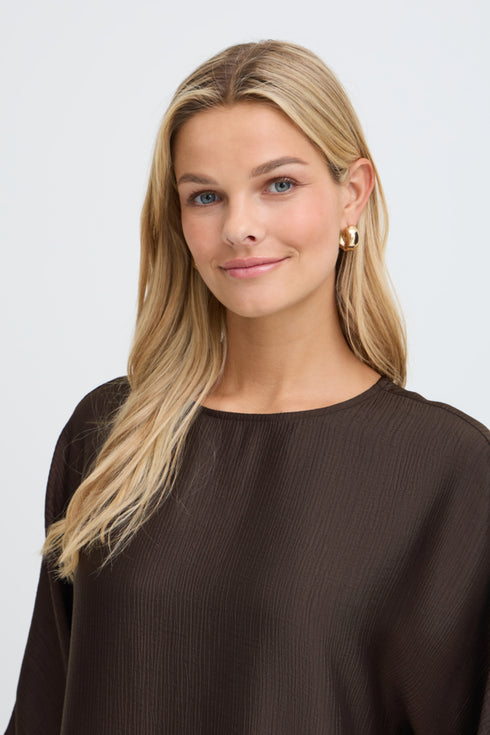 Fransa Kimmy Textured Round Neck Wide Sleeve Blouse 20618634 MOL - Mole Brown