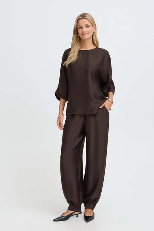 Fransa Kimmy Textured Round Neck Wide Sleeve Blouse 20618634 MOL - Mole Brown