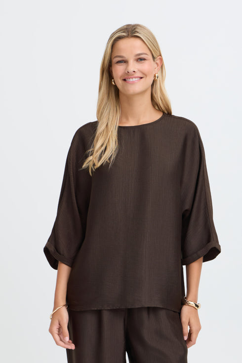 Fransa Kimmy Textured Round Neck Wide Sleeve Blouse 20618634 MOL - Mole Brown