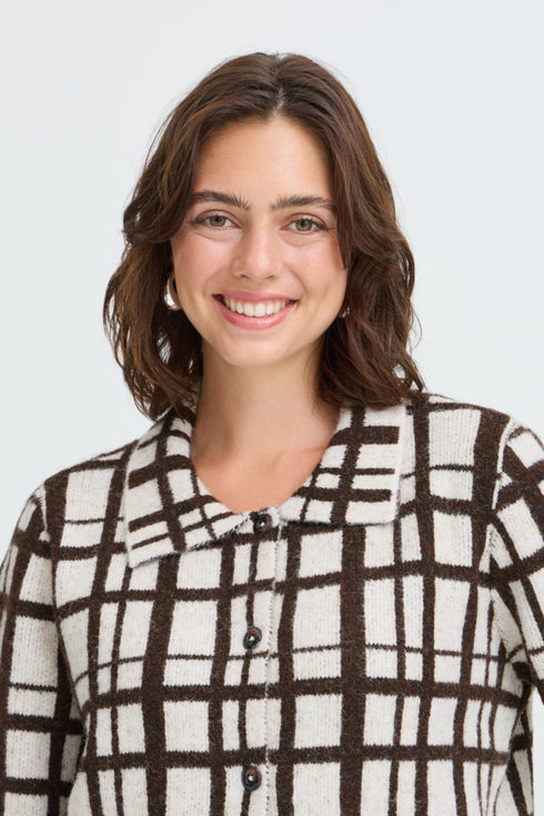 Fransa Cindy Checked Collared Button Through Cardigan 20618636 MOL - Mole Check / Brown