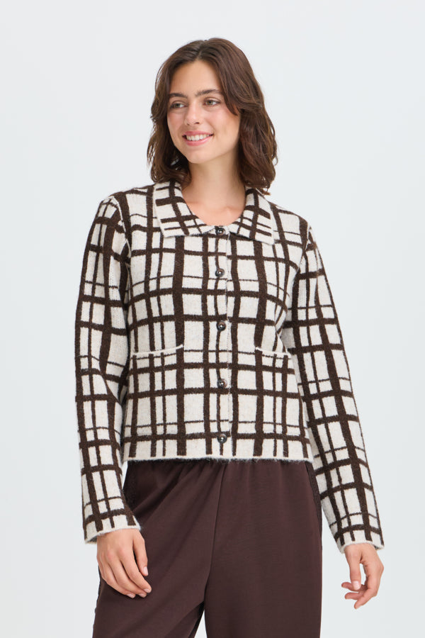 Fransa Cindy Checked Collared Button Through Cardigan 20618636 MOL - Mole Check / Brown