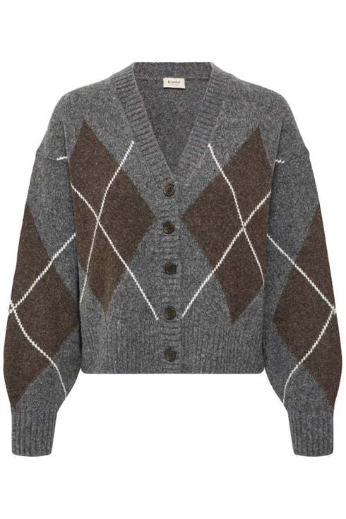 Fransa Gigi Argyle V-Neck Button Front Cardigan 20618866 GRA - Mid Grey Melange