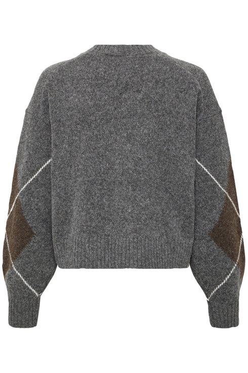 Fransa Gigi Argyle V-Neck Button Front Cardigan 20618866 GRA - Mid Grey Melange