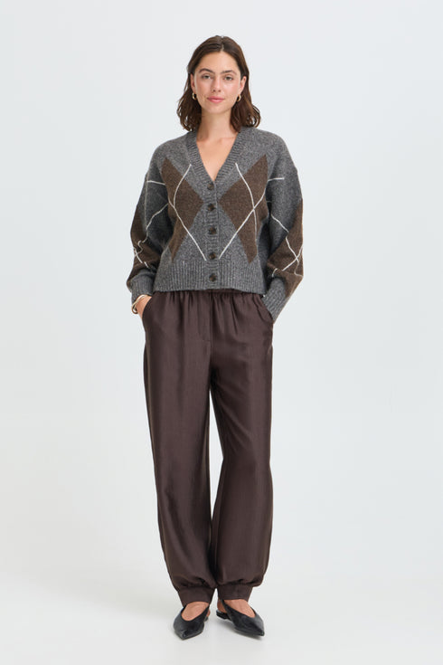 Fransa Gigi Argyle V-Neck Button Front Cardigan 20618866 GRA - Mid Grey Melange