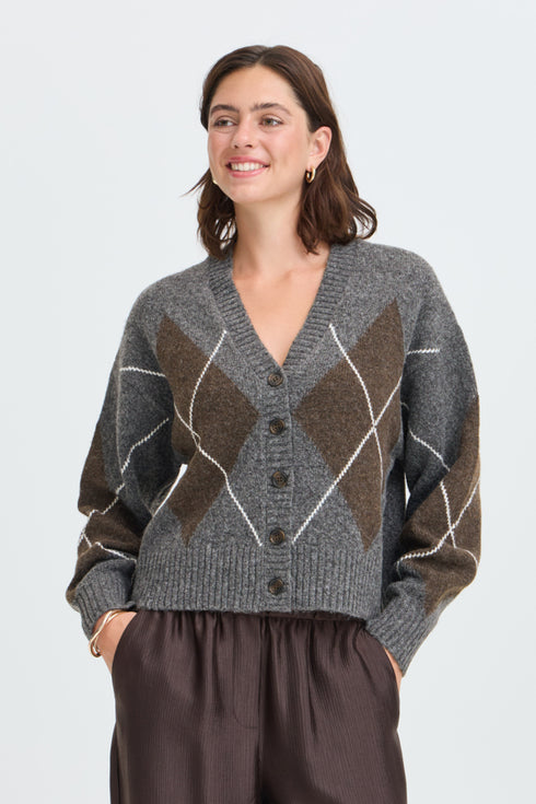 Fransa Gigi Argyle V-Neck Button Front Cardigan 20618866 GRA - Mid Grey Melange
