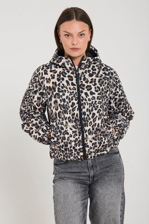 FreeQuent Ladies Quilted Leopard Jacket - Black & Beige
