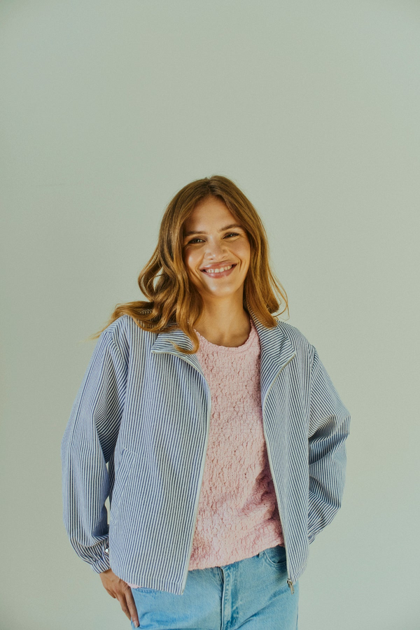 Freequent White and Blue FQKARO Striped Bomber Jacket 207840