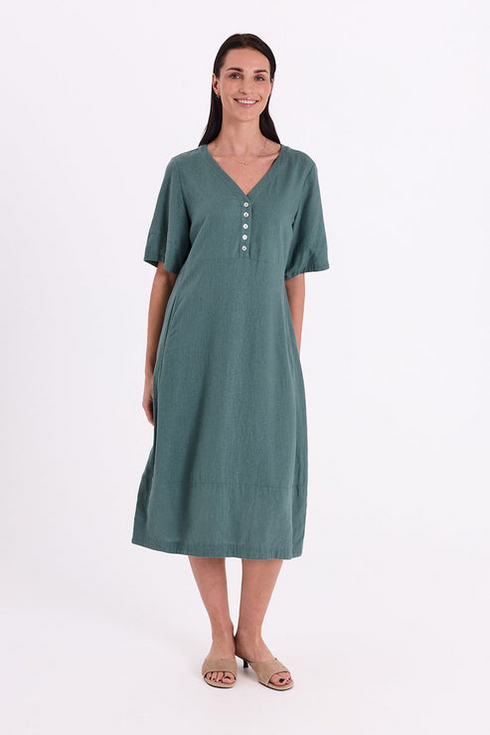 Freequent Womens Dark Forest Green Linen Blend Balloon Shape Lava Dress 207888