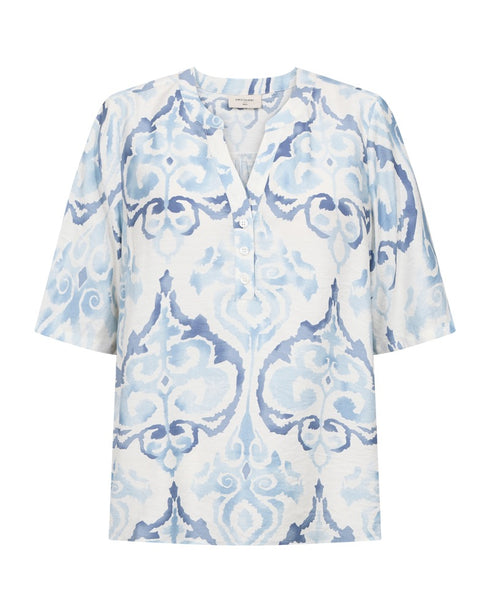 Freequent VESPA Blouse Chambray Blue and Star Off-White V-Neck 207904