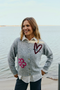 Freequent Womens Embroidered Knit Cardigan 211606 MGFP - Med Grey Melange W. Fuchsia Purple
