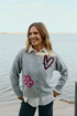 Freequent Womens Embroidered Knit Cardigan 211606 MGFP - Med Grey Melange W. Fuchsia Purple