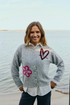 Freequent Womens Embroidered Knit Cardigan 211606 MGFP - Med Grey Melange W. Fuchsia Purple
