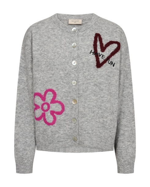 Freequent Womens Embroidered Knit Cardigan 211606 MGFP - Med Grey Melange W. Fuchsia Purple
