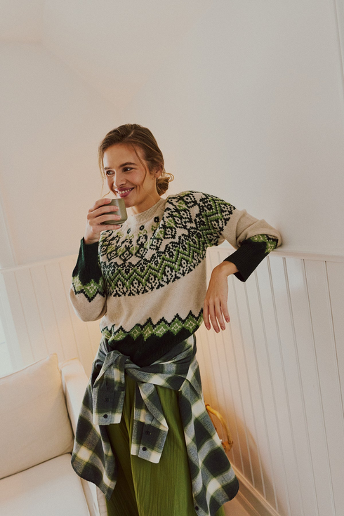 Freequent FQMERLA Nordic Jacquard Alpaca-Blend Pullover 211779 MDF - Moonbeam / Deep Forest