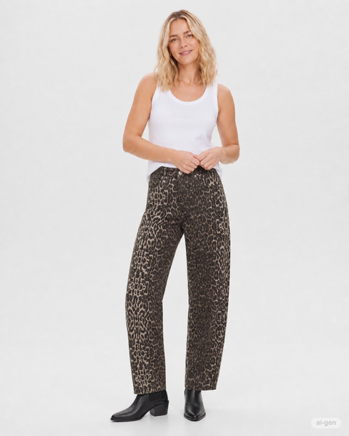 Freequent Womens Leopard Print 30" Barrel Leg Jeans 212036 - Oyster Grey W. Granite Grey