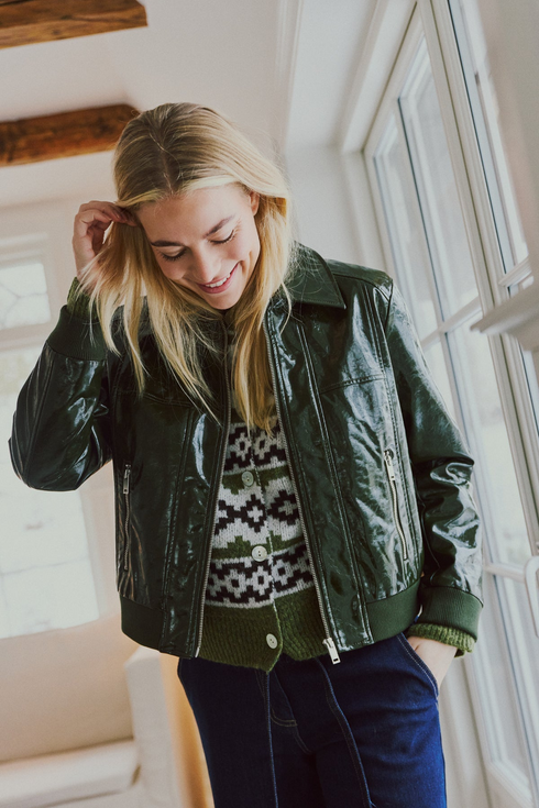 Freequent Womens Coated Faux Leather Bomber Jacket 212047 - Green