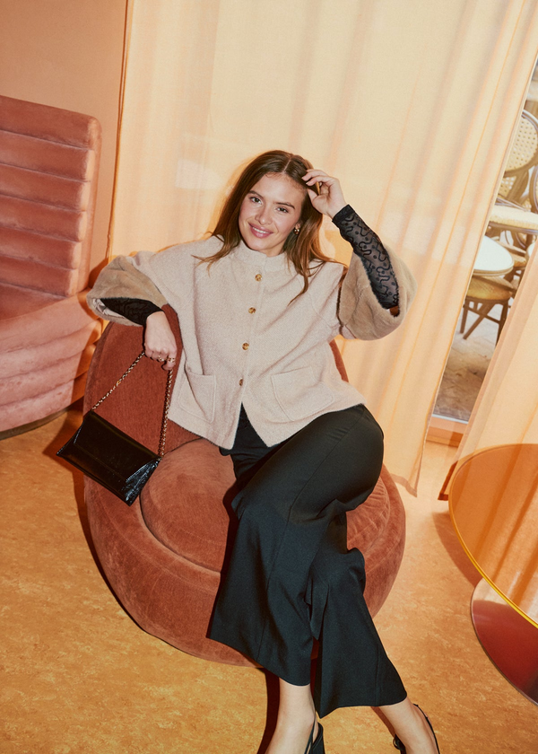 Freequent FQGABBY Textured Jersey Button Jacket with Faux Fur Cuffs 212107OG - Oyster Grey Beige