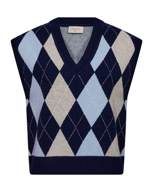 Freequent FQSIBYLL Argyle Knit Wool Silk Blend Vest 212134 - Navy Blazer/Chambray Blue Mel