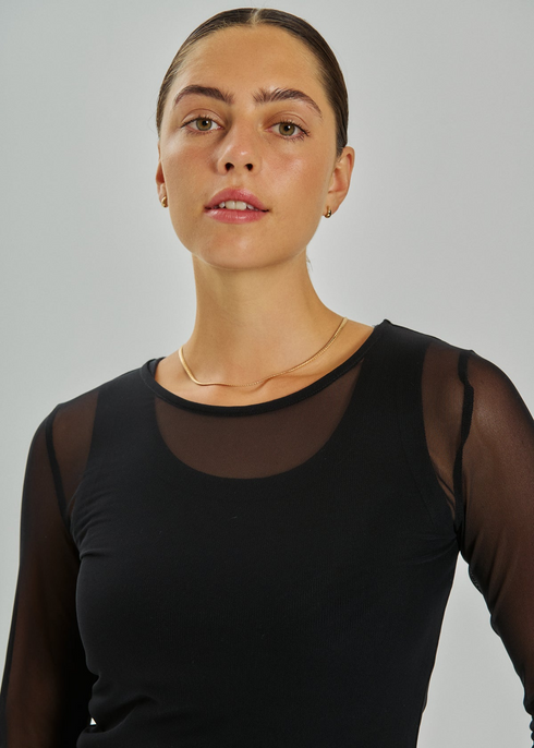 Freequent FQMESHKA Sheer Mesh Long Sleeve T-Shirt 212413 BLK - Black