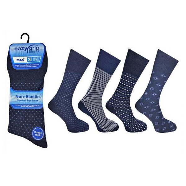 Eazy Grip Pierre Klein Men’s Non-Elastic Cotton Socks Navy 3 Pack | UK 6–11