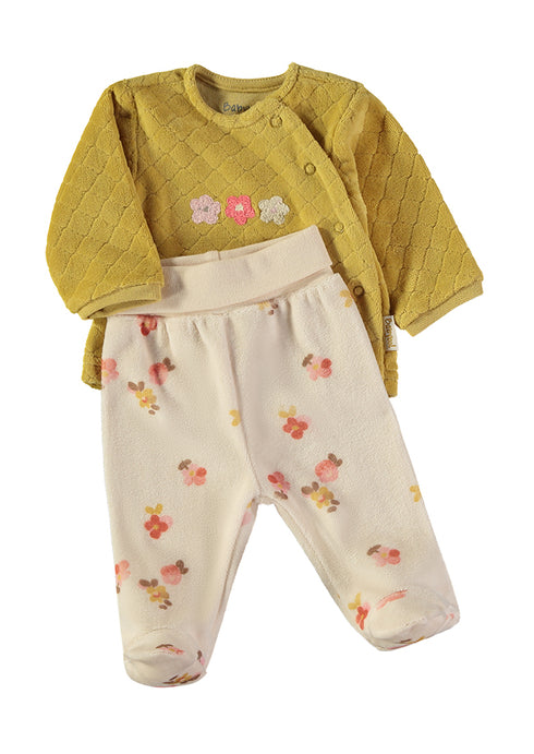 Babybol | Quilted Floral Wrap Top and Footed Trousers 2 Piece Set B260003 - Mustard
