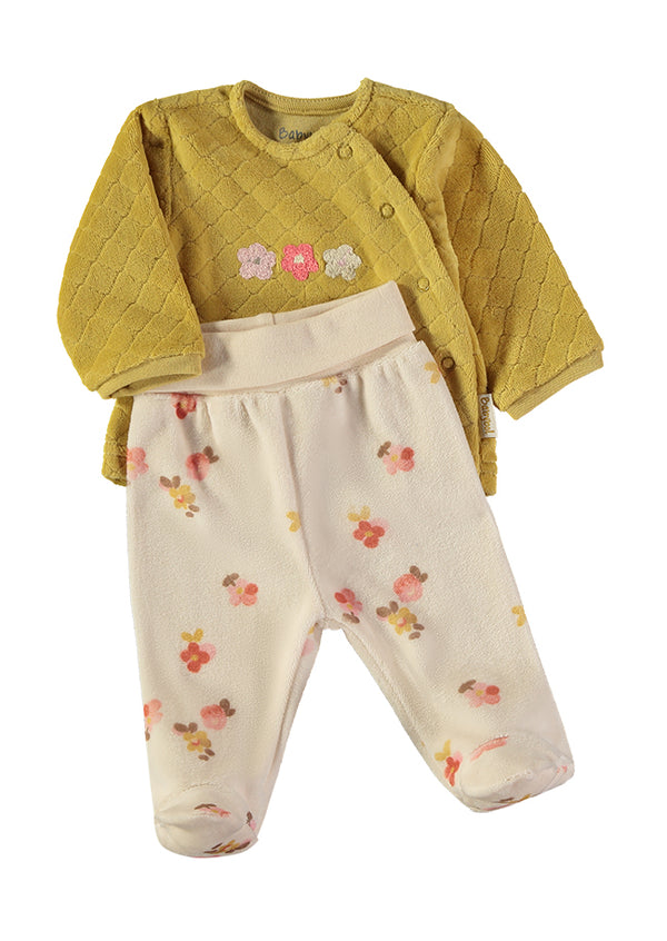 Babybol | Quilted Floral Wrap Top and Footed Trousers 2 Piece Set B260003 - Mustard