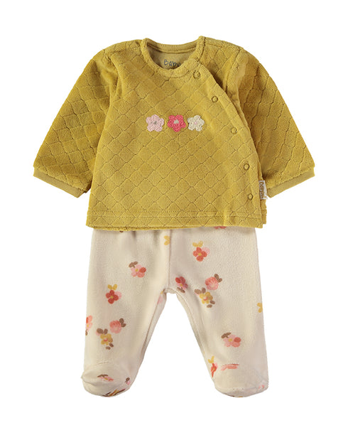 Babybol | Quilted Floral Wrap Top and Footed Trousers 2 Piece Set B260003 - Mustard