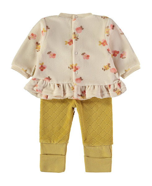 Babybol | Floral Print Ruffle-Hem Top and Quilted Trousers 2 Piece Set B260004 - Mustard