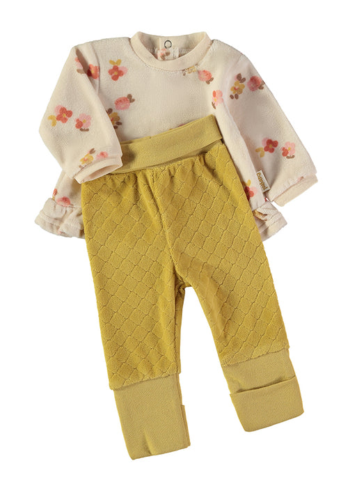 Babybol | Floral Print Ruffle-Hem Top and Quilted Trousers 2 Piece Set B260004 - Mustard