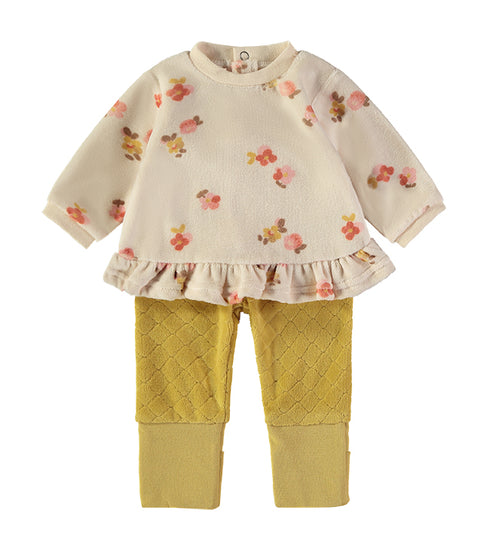 Babybol | Floral Print Ruffle-Hem Top and Quilted Trousers 2 Piece Set B260004 - Mustard