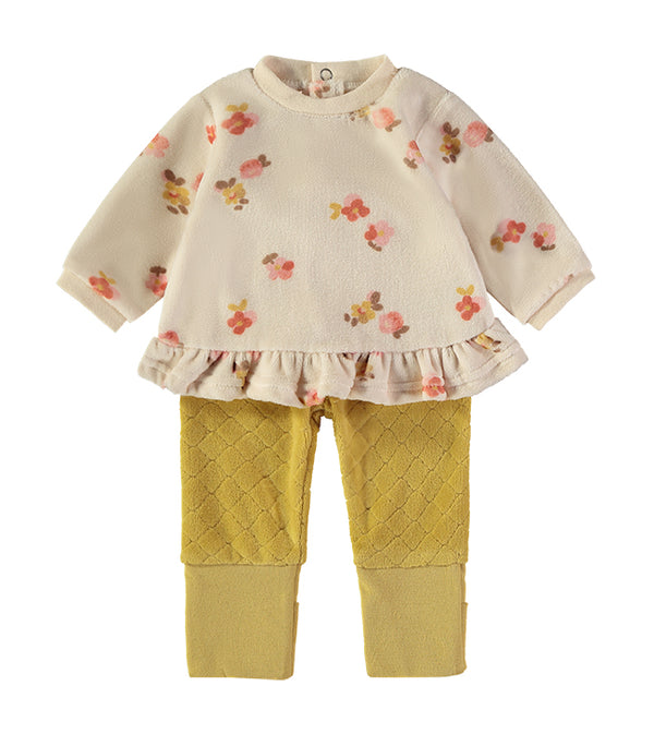 Babybol | Floral Print Ruffle-Hem Top and Quilted Trousers 2 Piece Set B260004 - Mustard