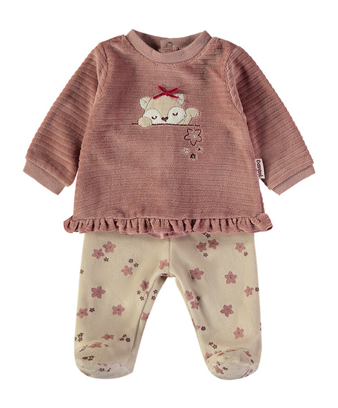 Babybol | Sleeping Bear Velour Top and Floral Footed Trousers 2 Piece Set B260005 - Blush