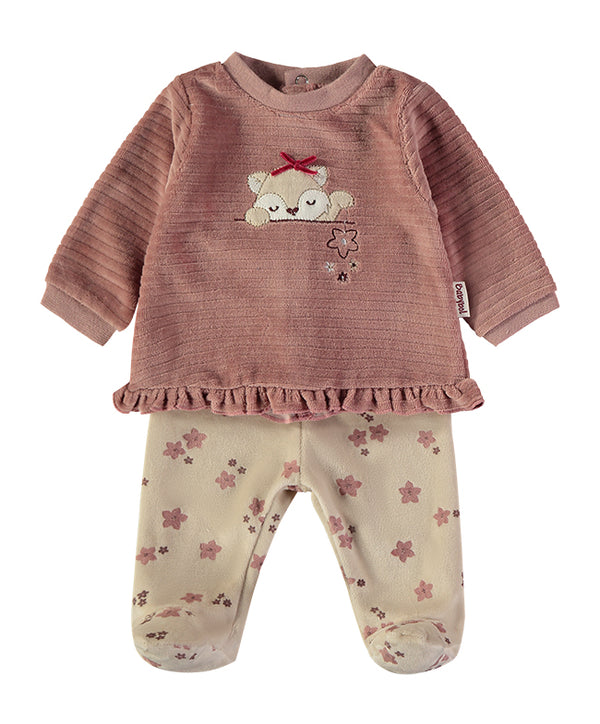 Babybol | Sleeping Bear Velour Top and Floral Footed Trousers 2 Piece Set B260005 - Blush