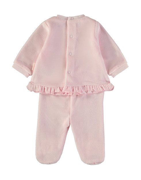 Babybol | Micro-Textured Ruffled Top and Footed Trousers 2 Piece Set B260007 - Pink