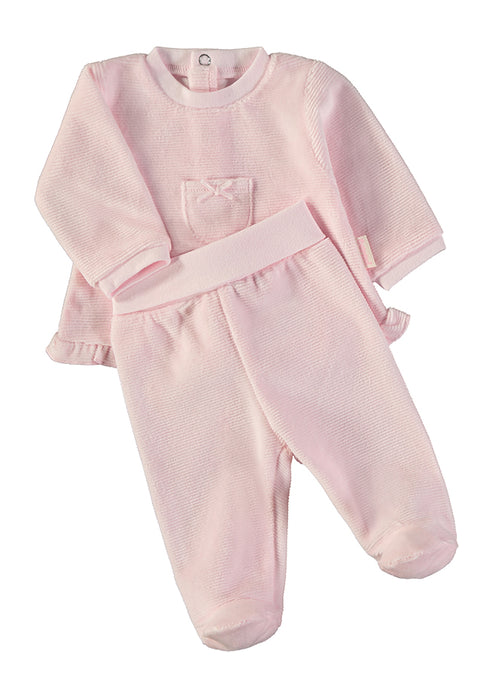 Babybol | Micro-Textured Ruffled Top and Footed Trousers 2 Piece Set B260007 - Pink