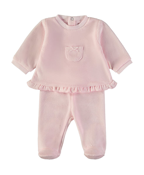 Babybol | Micro-Textured Ruffled Top and Footed Trousers 2 Piece Set B260007 - Pink