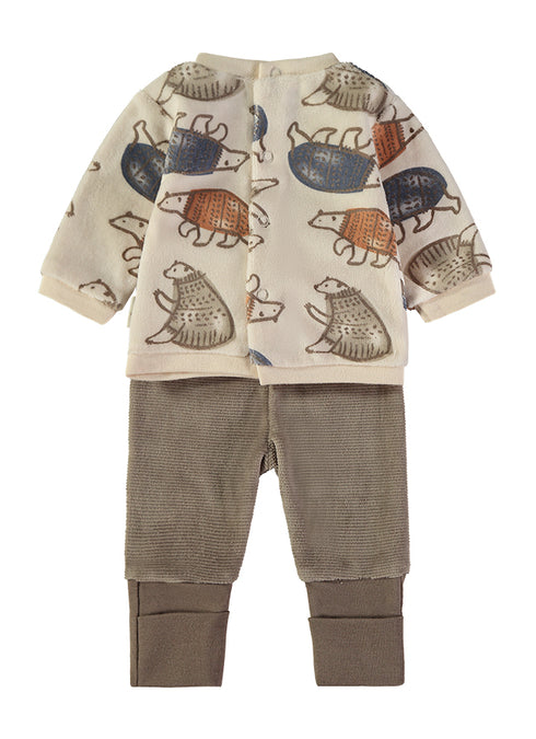 Babybol | Mink Bear Print Velour Top and Textured Trousers 2 Piece Set 260011 - Mink