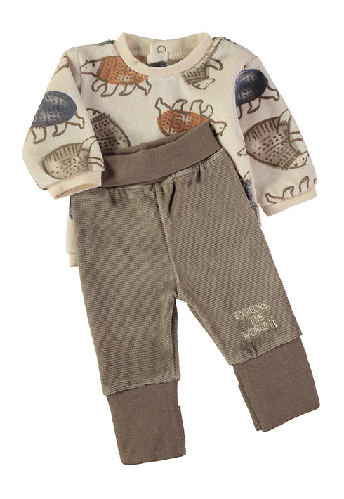 Babybol | Mink Bear Print Velour Top and Textured Trousers 2 Piece Set 260011 - Mink