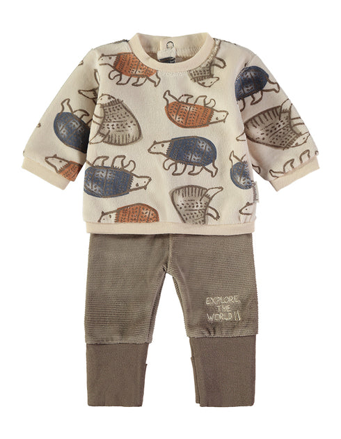 Babybol | Mink Bear Print Velour Top and Textured Trousers 2 Piece Set 260011 - Mink