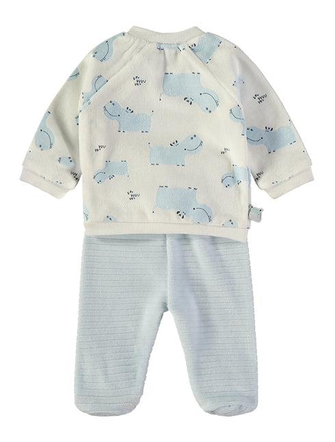 Babybol | Hippo Print Wrap Top and Textured Footed Trousers 2 Piece Set 260016 - Light Blue