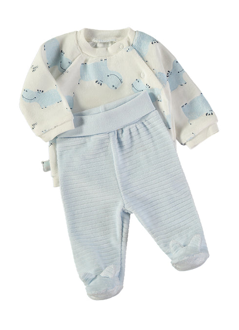 Babybol | Hippo Print Wrap Top and Textured Footed Trousers 2 Piece Set 260016 - Light Blue