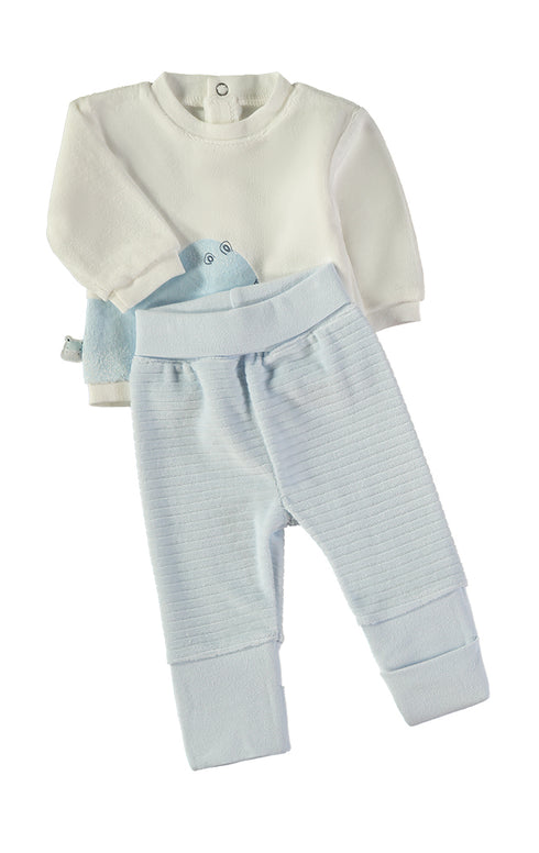 Babybol | Hippo Appliqué Top and Textured Trousers 2 Piece Set 260017 - Light Blue