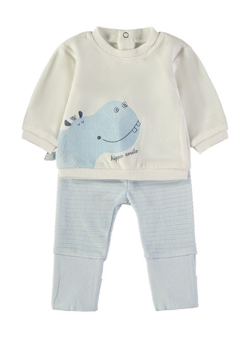 Babybol | Hippo Appliqué Top and Textured Trousers 2 Piece Set 260017 - Light Blue